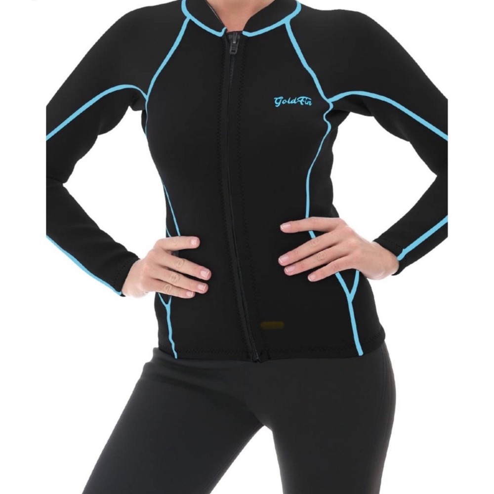 GoldFin Wetsuit Top Women XL Black 2mm Neoprene Excellent Front Zip Long Sleeve